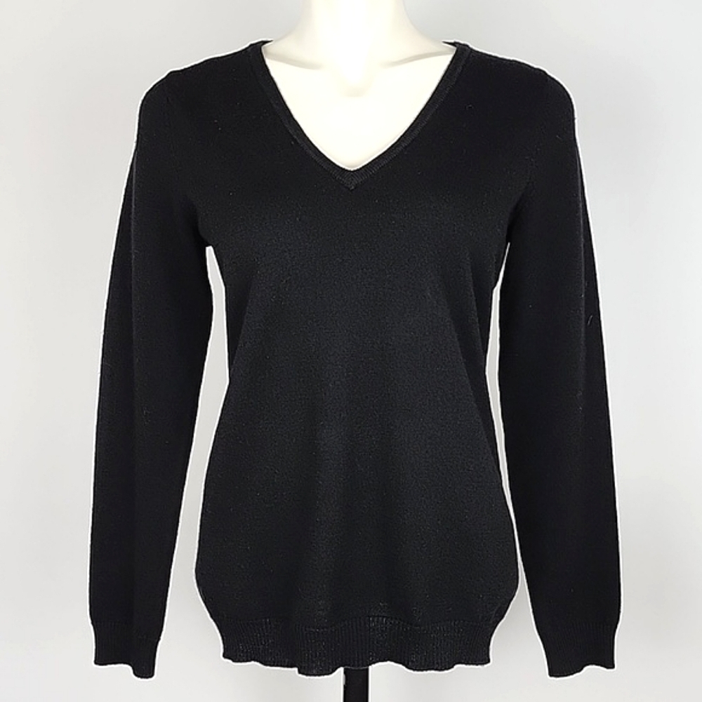 Jones & Co. 100% Womens Merino Wool V-Neck Sweater Black Fine Knit Lightweight M
